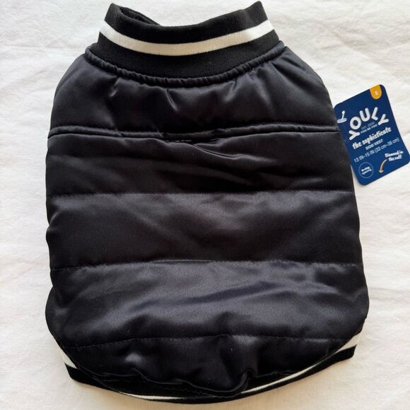 NWT Black Satin Pet Bomber Jacket striped cuffs size small - Picture 3 of 5